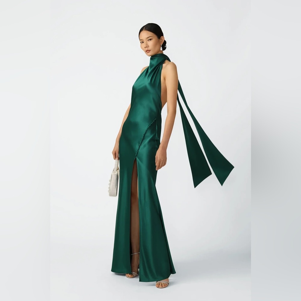 Sau Lee Penelope Backless Satin Gown Emerald